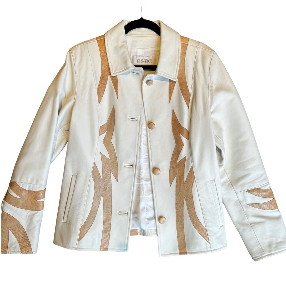 White and Tan Italian Leather Jacket for Women